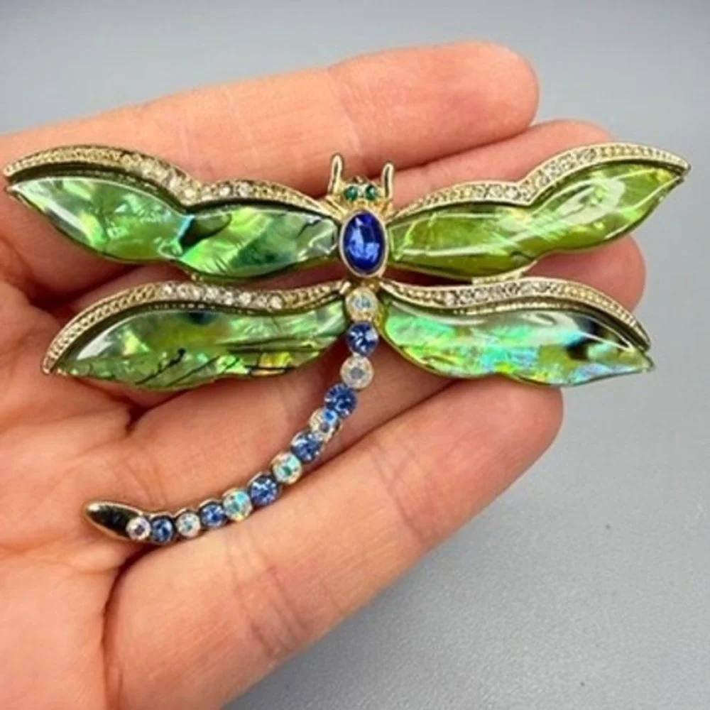 Large‎ Dragonfly Brooch Green Blue Rhinestone Whimsical Insect